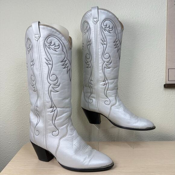 Vintage 80s 90s Women's White Western Cowboy Boots Cowgirl Rodeo Festival 7 M - Picture 1 of 11